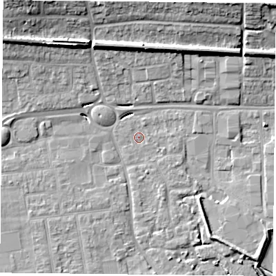 Shaded relief map of the ground around PO169NB, computed from Environment Agency LiDAR. The ground here sits at about 2 m above sea level and falls 17 m across the surrounding 800 m. Surface water reaching this point runs off ground lying to the north-north-east, 1.0 m higher.