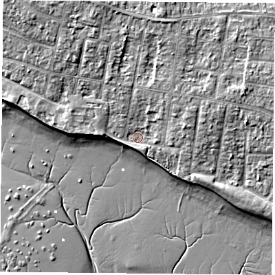 Shaded relief map of the ground around PO169NG, computed from Environment Agency LiDAR. The ground here sits at about 3 m above sea level and falls 8 m across the surrounding 800 m. Surface water reaching this point runs off ground lying to the north, 3.3 m higher.