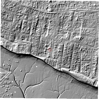 Shaded relief map of the ground around PO169NH, computed from Environment Agency LiDAR. The ground here sits at about 4 m above sea level and falls 8 m across the surrounding 800 m. Surface water reaching this point runs off ground lying to the north-east, 1.5 m higher.