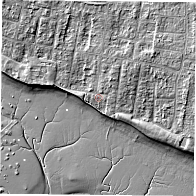 Shaded relief map of the ground around PO169NJ, computed from Environment Agency LiDAR. The ground here sits at about 3 m above sea level and falls 8 m across the surrounding 800 m. Surface water reaching this point runs off ground lying to the north, 3.7 m higher.