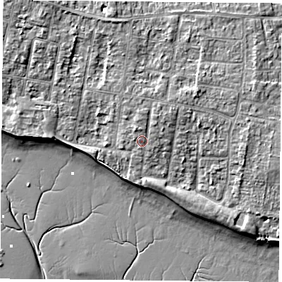 Shaded relief map of the ground around PO169NN, computed from Environment Agency LiDAR. The ground here sits at about 5 m above sea level and falls 8 m across the surrounding 800 m. Surface water reaching this point runs off ground lying to the north-north-east, 1.6 m higher.