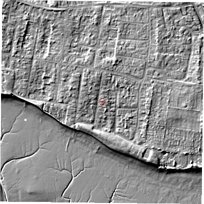 Shaded relief map of the ground around PO169NP, computed from Environment Agency LiDAR. The ground here sits at about 4 m above sea level and falls 8 m across the surrounding 800 m. Surface water reaching this point runs off ground lying to the north, 1.8 m higher.