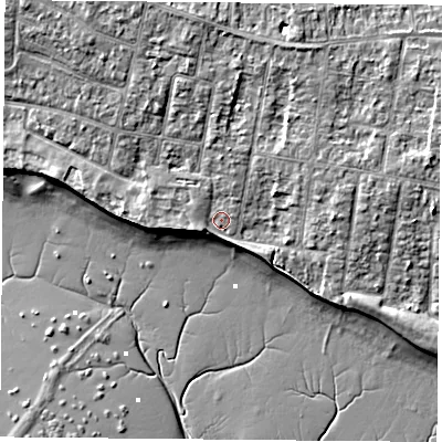 Shaded relief map of the ground around PO169NQ, computed from Environment Agency LiDAR. The ground here sits at about 3 m above sea level and falls 8 m across the surrounding 800 m. Surface water reaching this point runs off ground lying to the west, 1.6 m higher.
