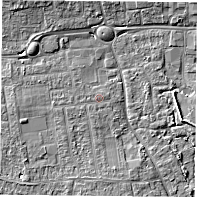 Shaded relief map of the ground around PO169PD, computed from Environment Agency LiDAR. The ground here sits at about 4 m above sea level and falls 8 m across the surrounding 800 m. Surface water reaching this point runs off ground lying to the west, 1.3 m higher.