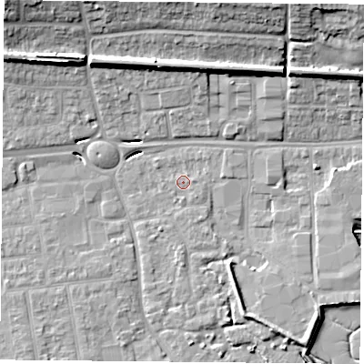 Shaded relief map of the ground around PO169PN, computed from Environment Agency LiDAR. The ground here sits at about 3 m above sea level and falls 17 m across the surrounding 800 m. Surface water reaching this point runs off ground lying to the south-east, 0.6 m higher.