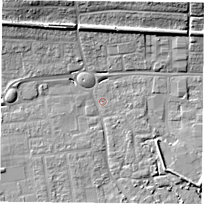 Shaded relief map of the ground around PO169PP, computed from Environment Agency LiDAR. The ground here sits at about 2 m above sea level and falls 15 m across the surrounding 800 m. Surface water reaching this point runs off ground lying to the north-west, 13.8 m higher.