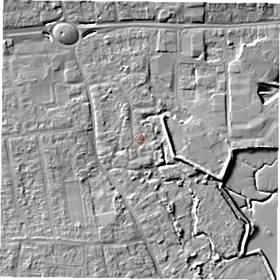 Shaded relief map of the ground around PO169PR, computed from Environment Agency LiDAR. The ground here sits at about 3 m above sea level and falls 6 m across the surrounding 800 m. Surface water reaching this point runs off ground lying to the west-south-west, 1.5 m higher.