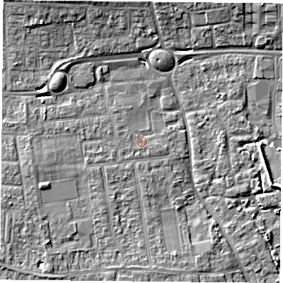 Shaded relief map of the ground around PO169PT, computed from Environment Agency LiDAR. The ground here sits at about 3 m above sea level and falls 9 m across the surrounding 800 m. Surface water reaching this point runs off ground lying to the west-south-west, 1.4 m higher.