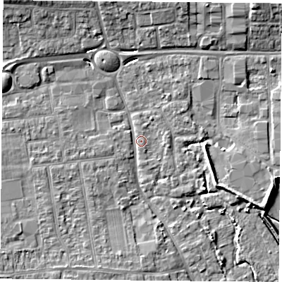Shaded relief map of the ground around PO169PU, computed from Environment Agency LiDAR. The ground here sits at about 3 m above sea level and falls 9 m across the surrounding 800 m. Surface water reaching this point runs off ground lying to the south-west, 4.2 m higher.
