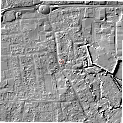 Shaded relief map of the ground around PO169PX, computed from Environment Agency LiDAR. The ground here sits at about 3 m above sea level and falls 7 m across the surrounding 800 m. Surface water reaching this point runs off ground lying to the south-west, 4.0 m higher.
