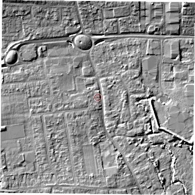Shaded relief map of the ground around PO169PY, computed from Environment Agency LiDAR. The ground here sits at about 3 m above sea level and falls 9 m across the surrounding 800 m. Surface water reaching this point runs off ground lying to the south-west, 4.4 m higher.