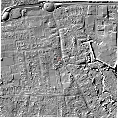 Shaded relief map of the ground around PO169PZ, computed from Environment Agency LiDAR. The ground here sits at about 3 m above sea level and falls 7 m across the surrounding 800 m. Surface water reaching this point runs off ground lying to the west-south-west, 4.4 m higher.