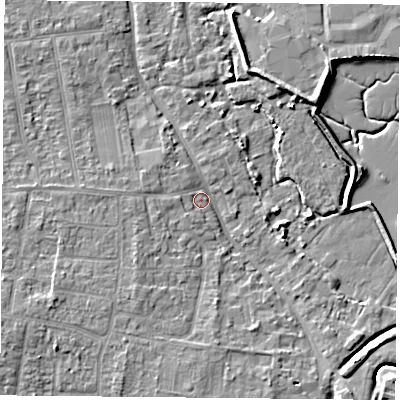 Shaded relief map of the ground around PO169QA, computed from Environment Agency LiDAR. The ground here sits at about 3 m above sea level and falls 7 m across the surrounding 800 m. Surface water reaching this point runs off ground lying to the south-west, 3.6 m higher.