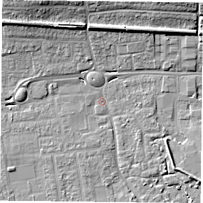 Shaded relief map of the ground around PO169QD, computed from Environment Agency LiDAR. The ground here sits at about 2 m above sea level and falls 15 m across the surrounding 800 m. Surface water reaching this point runs off ground lying to the north-west, 13.8 m higher.