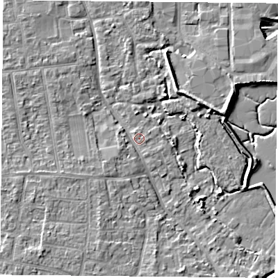 Shaded relief map of the ground around PO169QG, computed from Environment Agency LiDAR. The ground here sits at about 3 m above sea level and falls 7 m across the surrounding 800 m. Surface water reaching this point runs off ground lying to the south-west, 1.7 m higher.