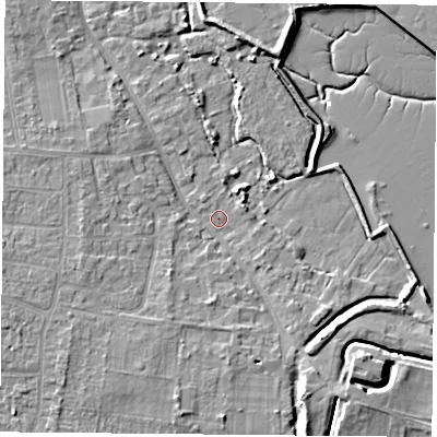 Shaded relief map of the ground around PO169QH, computed from Environment Agency LiDAR. The ground here sits at about 2 m above sea level and falls 8 m across the surrounding 800 m. Surface water reaching this point runs off ground lying to the south-south-west, 4.1 m higher.