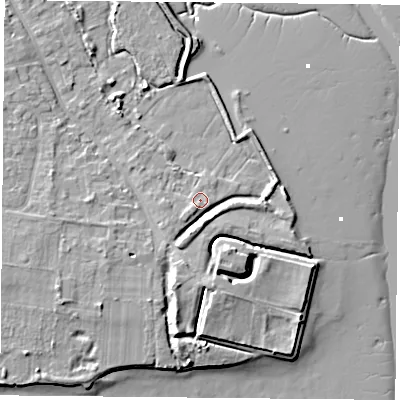 Shaded relief map of the ground around PO169QJ, computed from Environment Agency LiDAR. The ground here sits at about 3 m above sea level and falls 10 m across the surrounding 800 m. Surface water reaching this point runs off ground lying to the south-west, 1.8 m higher.