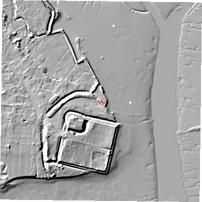 Shaded relief map of the ground around PO169QN, computed from Environment Agency LiDAR. The ground here sits at about 3 m above sea level and falls 10 m across the surrounding 800 m. Surface water reaching this point runs off ground lying to the west, 4.2 m higher.