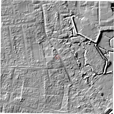 Shaded relief map of the ground around PO169QQ, computed from Environment Agency LiDAR. The ground here sits at about 3 m above sea level and falls 7 m across the surrounding 800 m. Surface water reaching this point runs off ground lying to the south-west, 1.9 m higher.