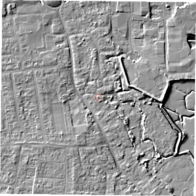 Shaded relief map of the ground around PO169QS, computed from Environment Agency LiDAR. The ground here sits at about 3 m above sea level and falls 6 m across the surrounding 800 m. Surface water reaching this point runs off ground lying to the south-east, 1.1 m higher.