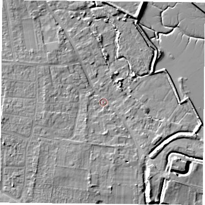 Shaded relief map of the ground around PO169QX, computed from Environment Agency LiDAR. The ground here sits at about 3 m above sea level and falls 9 m across the surrounding 800 m. Surface water reaching this point runs off ground lying to the west-south-west, 3.6 m higher.