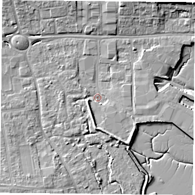 Shaded relief map of the ground around PO169SD, computed from Environment Agency LiDAR. The ground here sits at about 2 m above sea level and falls 11 m across the surrounding 800 m. Surface water reaching this point runs off ground lying to the south, 3.9 m higher.