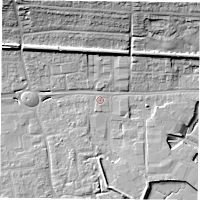 Shaded relief map of the ground around PO169SE, computed from Environment Agency LiDAR. The ground here sits at about 3 m above sea level and falls 20 m across the surrounding 800 m. The ground contributing surface water to this point lies to the west.