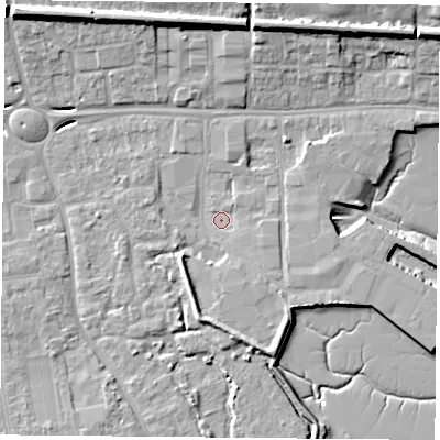 Shaded relief map of the ground around PO169SF, computed from Environment Agency LiDAR. The ground here sits at about 2 m above sea level and falls 13 m across the surrounding 800 m. Surface water reaching this point runs off ground lying to the north-west, 12.1 m higher.