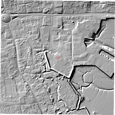 Shaded relief map of the ground around PO169SU, computed from Environment Agency LiDAR. The ground here sits at about 3 m above sea level and falls 7 m across the surrounding 800 m. Surface water reaching this point runs off ground lying to the south-south-west, 0.7 m higher.