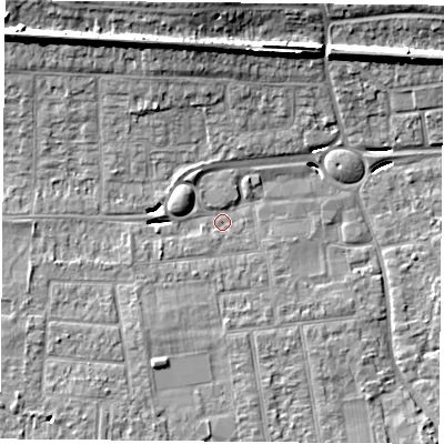 Shaded relief map of the ground around PO169UN, computed from Environment Agency LiDAR. The ground here sits at about 4 m above sea level and falls 14 m across the surrounding 800 m. Surface water reaching this point runs off ground lying to the north-west, 11.5 m higher.