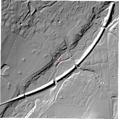 Shaded relief map of the ground around PO175AJ, computed from Environment Agency LiDAR. The ground here sits at about 20 m above sea level and falls 29 m across the surrounding 800 m. Surface water reaching this point runs off ground lying to the north-west, 27.2 m higher.