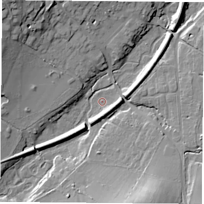 Shaded relief map of the ground around PO175DD, computed from Environment Agency LiDAR. The ground here sits at about 19 m above sea level and falls 26 m across the surrounding 800 m. Surface water reaching this point runs off ground lying to the south-south-east, 18.1 m higher.