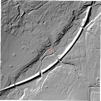 Shaded relief map of the ground around PO175DE, computed from Environment Agency LiDAR. The ground here sits at about 20 m above sea level and falls 28 m across the surrounding 800 m. Surface water reaching this point runs off ground lying to the north-west, 22.6 m higher.
