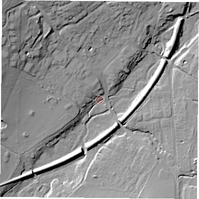 Shaded relief map of the ground around PO175DF, computed from Environment Agency LiDAR. The ground here sits at about 20 m above sea level and falls 29 m across the surrounding 800 m. Surface water reaching this point runs off ground lying to the north-west, 27.0 m higher.