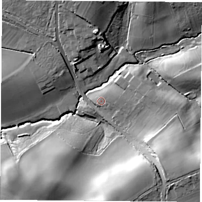 Shaded relief map of the ground around PO175HE, computed from Environment Agency LiDAR. The ground here sits at about 37 m above sea level and falls 32 m across the surrounding 800 m. Surface water reaching this point runs off ground lying to the east, 2.3 m higher.