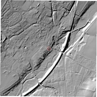 Shaded relief map of the ground around PO175JE, computed from Environment Agency LiDAR. The ground here sits at about 25 m above sea level and falls 30 m across the surrounding 800 m. Surface water reaching this point runs off ground lying to the north-north-west, 10.6 m higher.