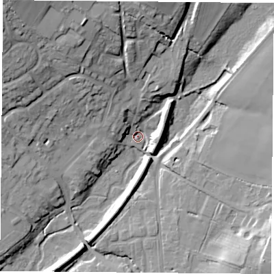 Shaded relief map of the ground around PO175JH, computed from Environment Agency LiDAR. The ground here sits at about 20 m above sea level and falls 27 m across the surrounding 800 m. Surface water reaching this point runs off ground lying to the north-north-west, 21.8 m higher.