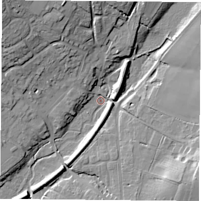 Shaded relief map of the ground around PO175LL, computed from Environment Agency LiDAR. The ground here sits at about 20 m above sea level and falls 27 m across the surrounding 800 m. Surface water reaching this point runs off ground lying to the north-north-west, 21.2 m higher.