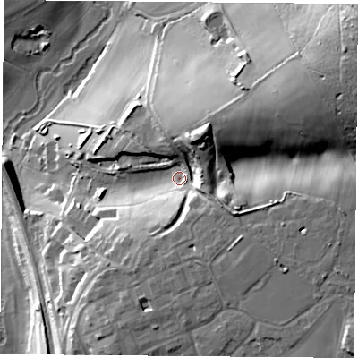 Shaded relief map of the ground around PO175NB, computed from Environment Agency LiDAR. The ground here sits at about 30 m above sea level and falls 37 m across the surrounding 800 m. Surface water reaching this point runs off ground lying to the east-south-east, 13.9 m higher.