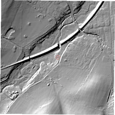 Shaded relief map of the ground around PO175ND, computed from Environment Agency LiDAR. The ground here sits at about 21 m above sea level and falls 24 m across the surrounding 800 m. Surface water reaching this point runs off ground lying to the south-east, 16.3 m higher.