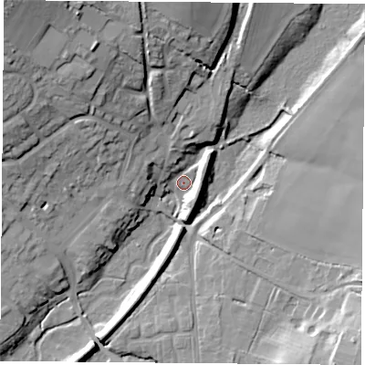 Shaded relief map of the ground around PO175PX, computed from Environment Agency LiDAR. The ground here sits at about 22 m above sea level and falls 29 m across the surrounding 800 m. Surface water reaching this point runs off ground lying to the north-west, 24.5 m higher.