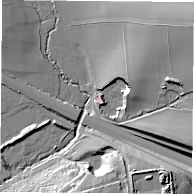 Shaded relief map of the ground around PO176AA, computed from Environment Agency LiDAR. The ground here sits at about 8 m above sea level and falls 37 m across the surrounding 800 m. Surface water reaching this point runs off ground lying to the north-east, 31.9 m higher.