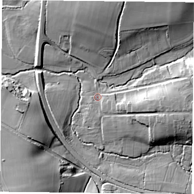 Shaded relief map of the ground around PO176DZ, computed from Environment Agency LiDAR. The ground here sits at about 17 m above sea level and falls 23 m across the surrounding 800 m. Surface water reaching this point runs off ground lying to the east-south-east, 13.1 m higher.