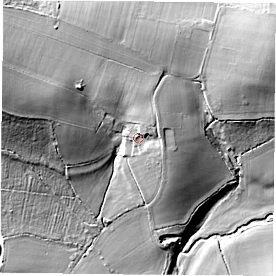 Shaded relief map of the ground around PO176JL, computed from Environment Agency LiDAR. The ground here sits at about 25 m above sea level and falls 32 m across the surrounding 800 m. Surface water reaching this point runs off ground lying to the north-east, 4.1 m higher.