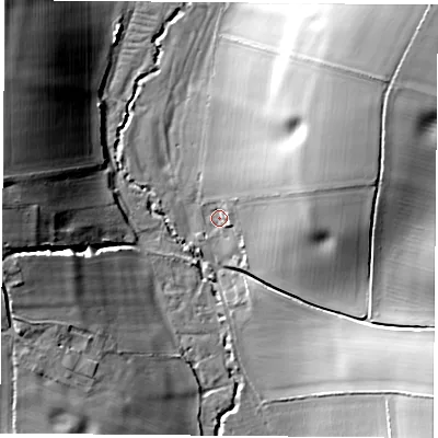 Shaded relief map of the ground around PO176LZ, computed from Environment Agency LiDAR. The ground here sits at about 7 m above sea level and falls 28 m across the surrounding 800 m. Surface water reaching this point runs off ground lying to the east-north-east, 16.7 m higher.