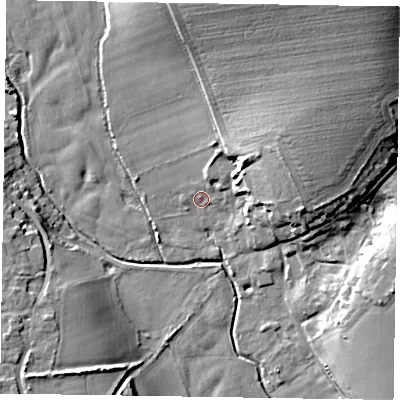 Shaded relief map of the ground around PO180AT, computed from Environment Agency LiDAR. The ground here sits at about 30 m above sea level and falls 27 m across the surrounding 800 m. Surface water reaching this point runs off ground lying to the north-east, 15.1 m higher.