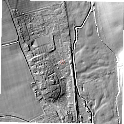 Shaded relief map of the ground around PO180AZ, computed from Environment Agency LiDAR. The ground here sits at about 33 m above sea level and falls 20 m across the surrounding 800 m. Surface water reaching this point runs off ground lying to the west, 11.1 m higher.