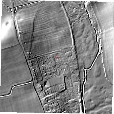 Shaded relief map of the ground around PO180DH, computed from Environment Agency LiDAR. The ground here sits at about 34 m above sea level and falls 17 m across the surrounding 800 m. Surface water reaching this point runs off ground lying to the west, 13.6 m higher.