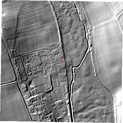 Shaded relief map of the ground around PO180DL, computed from Environment Agency LiDAR. The ground here sits at about 34 m above sea level and falls 23 m across the surrounding 800 m. Surface water reaching this point runs off ground lying to the south-west, 0.6 m higher.