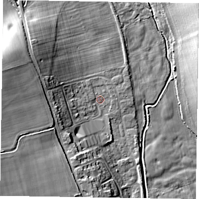 Shaded relief map of the ground around PO180DR, computed from Environment Agency LiDAR. The ground here sits at about 34 m above sea level and falls 17 m across the surrounding 800 m. Surface water reaching this point runs off ground lying to the west-north-west, 13.6 m higher.
